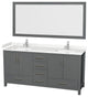 72"DBL Vanity Dark Gray, Carrara Cult. Marble Countertop, Sinks, 70"Mirror