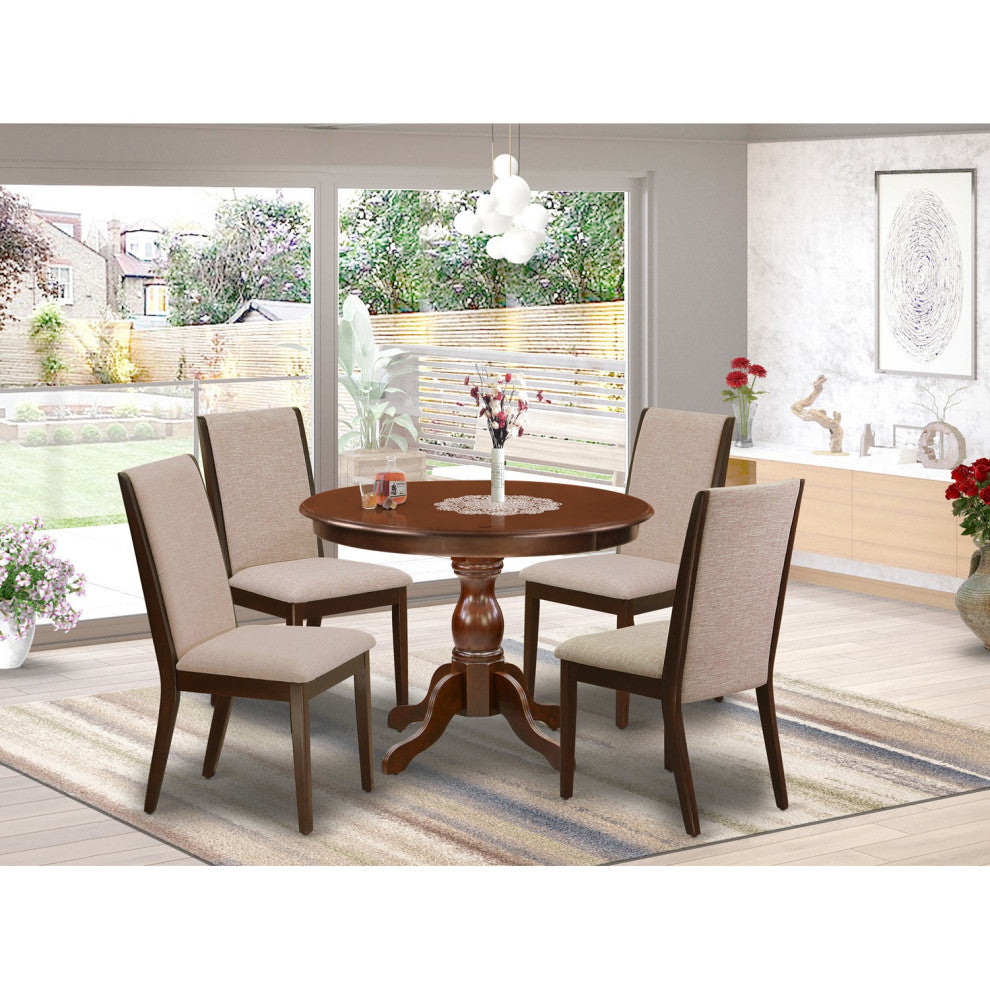 5 Pc Kitchen Set, Mahogany Round Dining Table, 4 Light Tan Kitchen Chairs