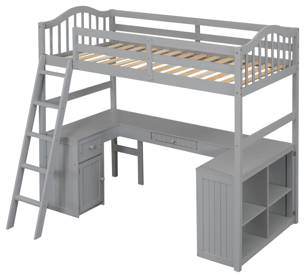 Gewnee Wood Twin Loft Bed with Drawers, Shelves and Desk in Gray
