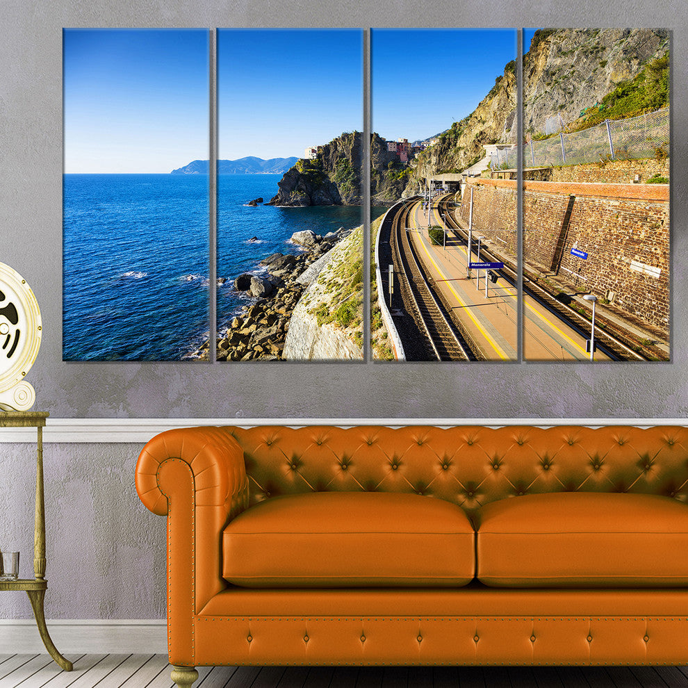 "Train and Railroad Station in Manarola" Landscape Wall Art, 4 Panels, 48"x28"