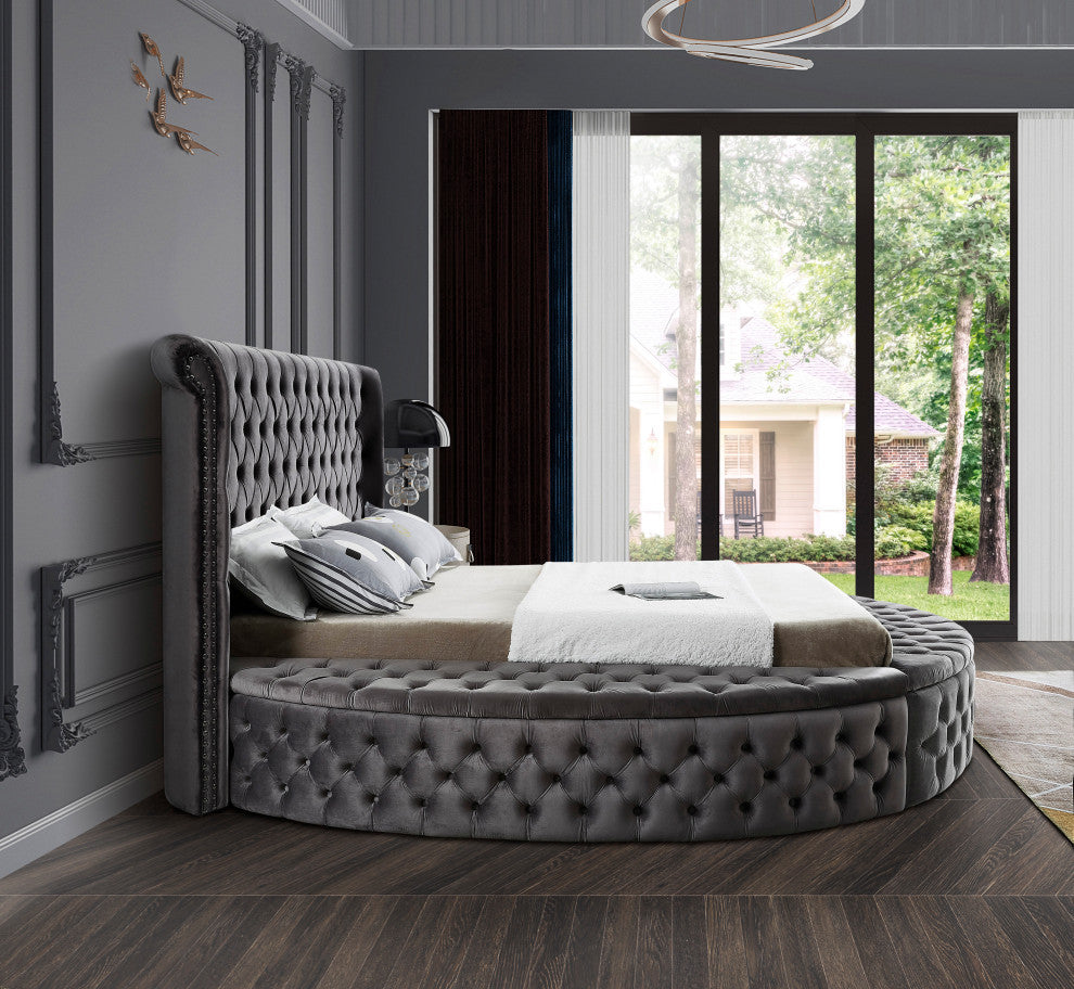 Luxus Button Tufted Velvet Round Bed, Gray, Full