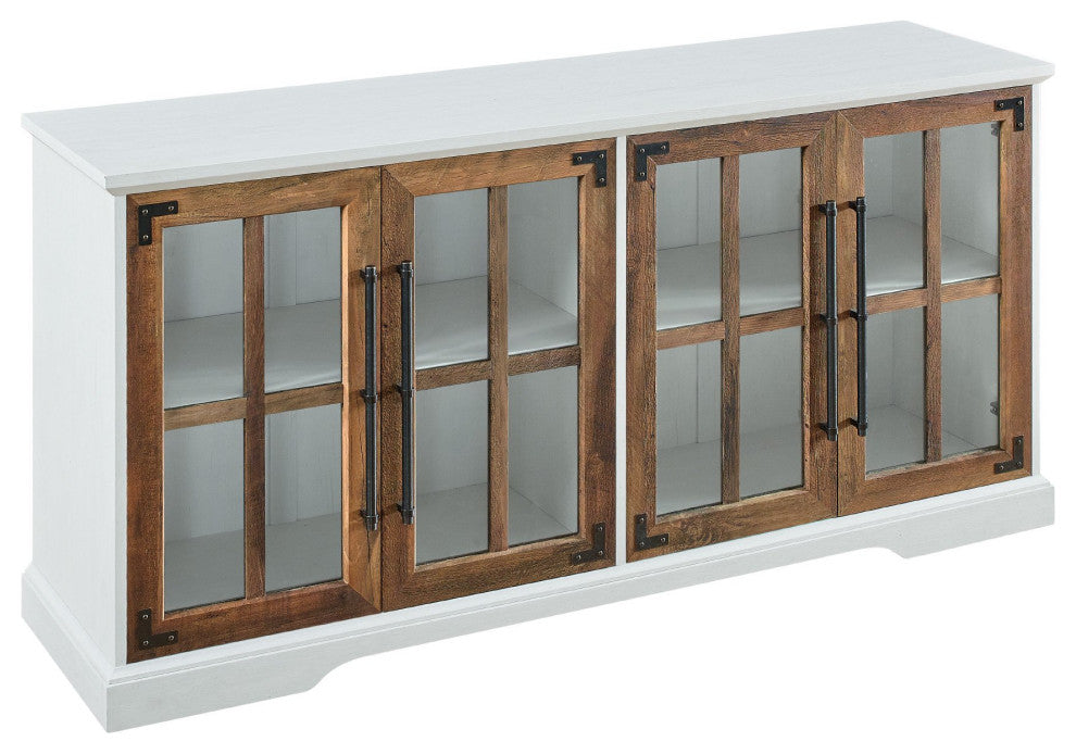 Farmhouse TV Stand, Large Design With Glass Doors & Adjustable Shelves, White