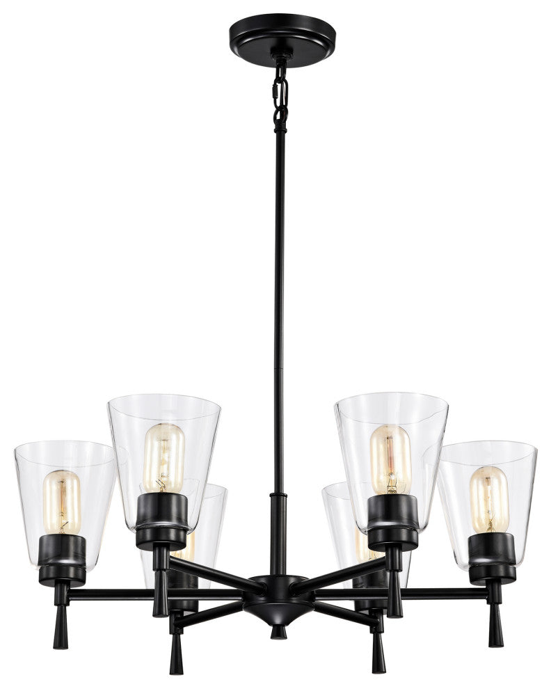 6-Light Matte Black Modern Chandelier With Clear Cone Glass Shades