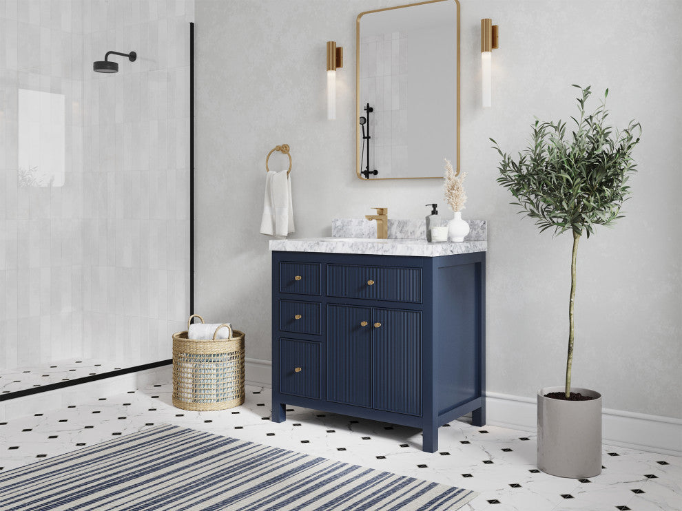 Sonoma 36 Left Offset Reeded  Bath Vanity in Hale Navy Blue 2" Carrara Marble