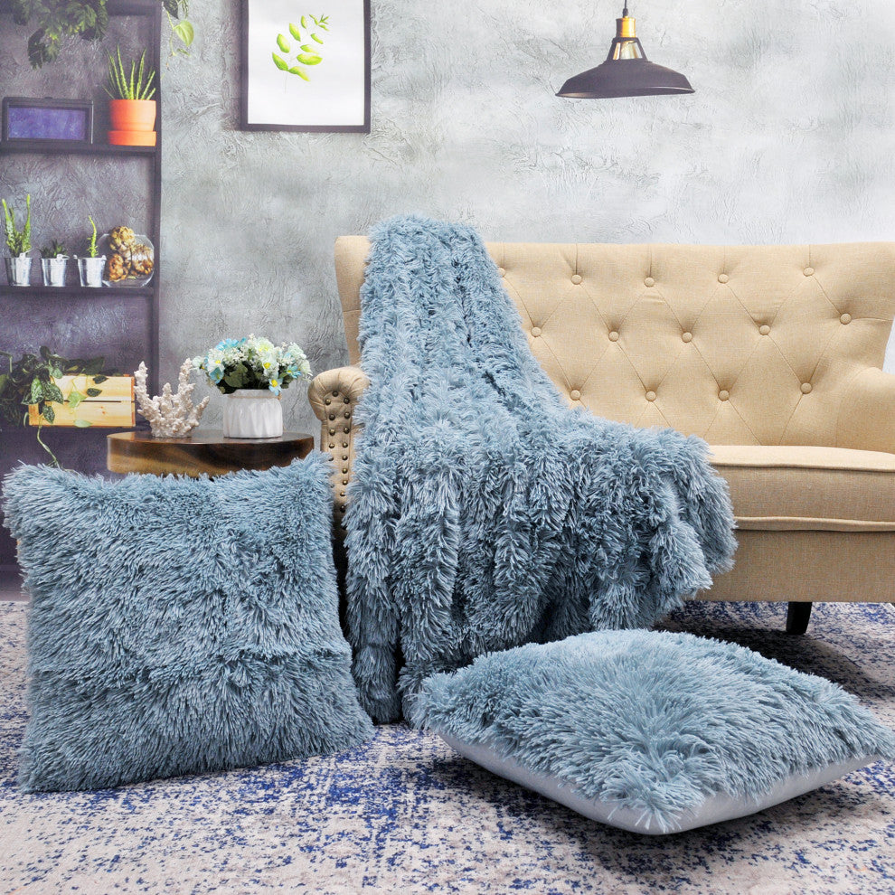 Shaggy Throw Blanket and 2 Pillow Shell 3 Piece Set, Silver Blue, Throw 60"x80" and 2 Pillow Shells 20"x20"