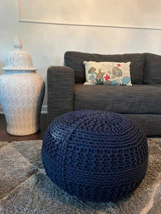 Handmade Premium Cotton Round Knitted Cable Style Pouf, Navy
