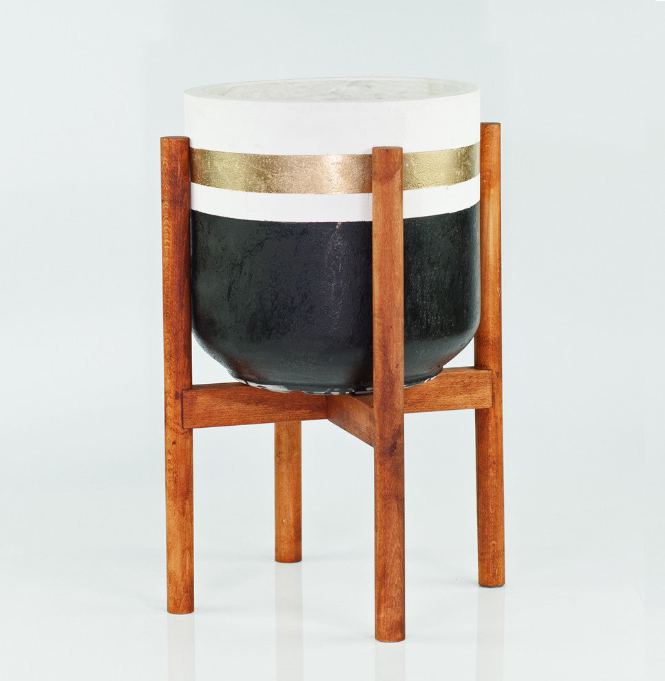 Large Hand Painted Fiber Clay Planter 10'' With Wood Plant Stand Walnut Color