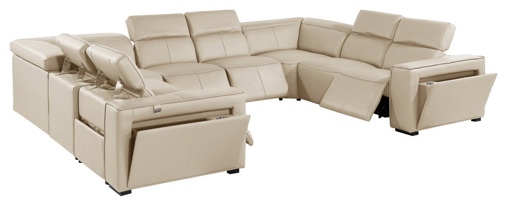 Niccolo Italian Leather 8-Piece U-Shaped 4 Power Reclining Sectional, Beige