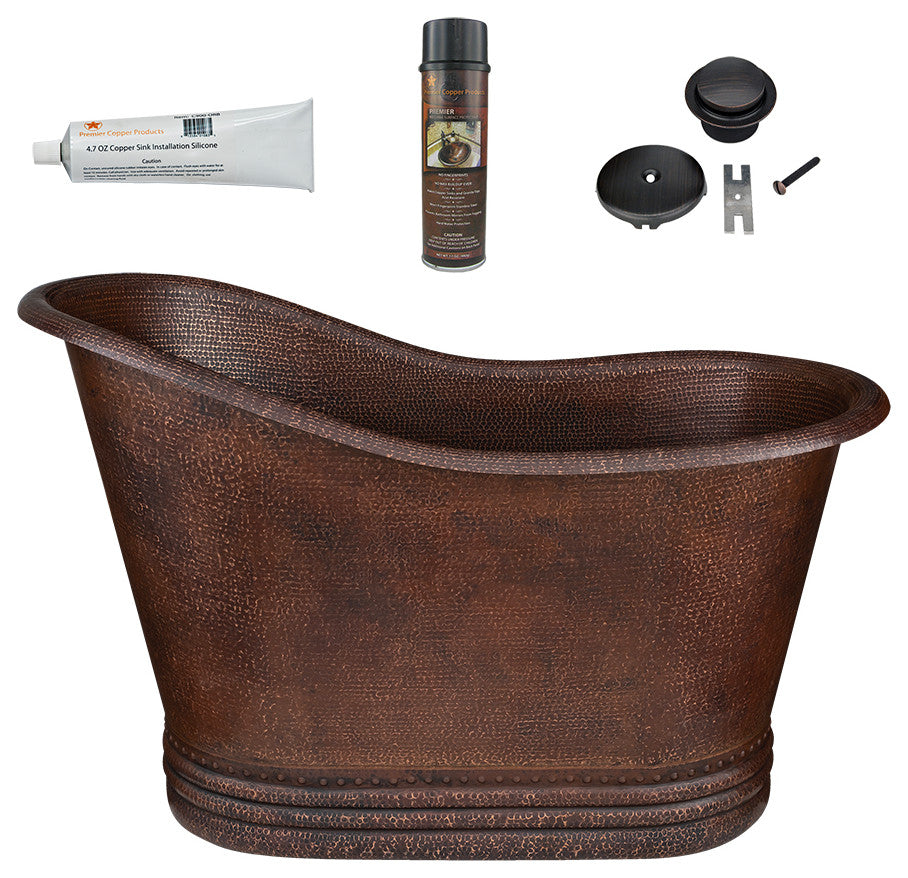 52" Small Hammered Copper Single Slipper Bathtub & Drain Package
