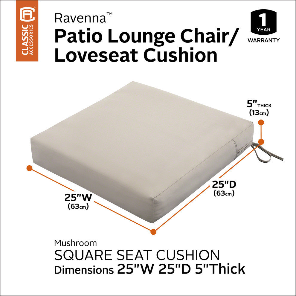 Square Patio Seat Cushion Slip Cover and Foam, Mushroom, 25"x25"x5"