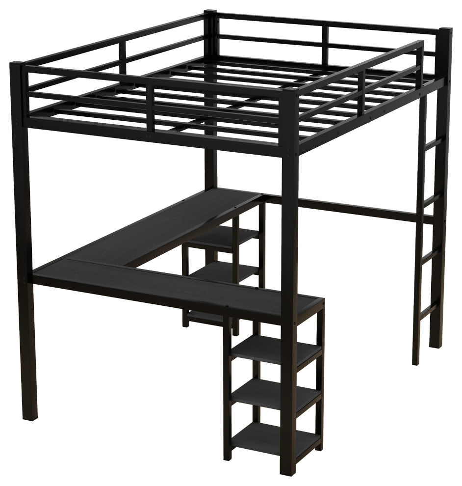 Gewnee Full Metal Loft Bed with Desk and Shelves