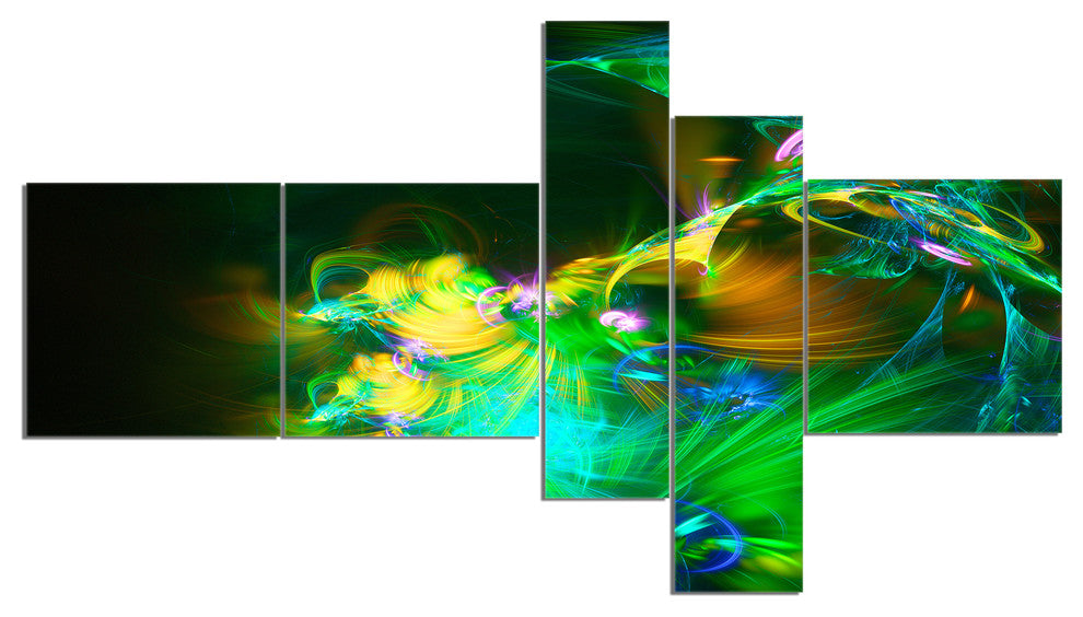 Bright Green Fractal Flower in Dark, Floral Canvas Art print, 60"x32", 5 panels