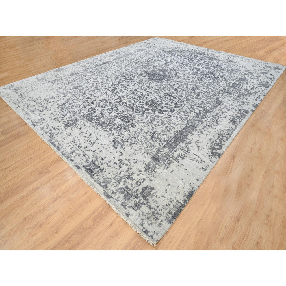 Gray Wool and Silk Hand Knotted Erased Persian Design Oversized Rug 12'1"x15'1"