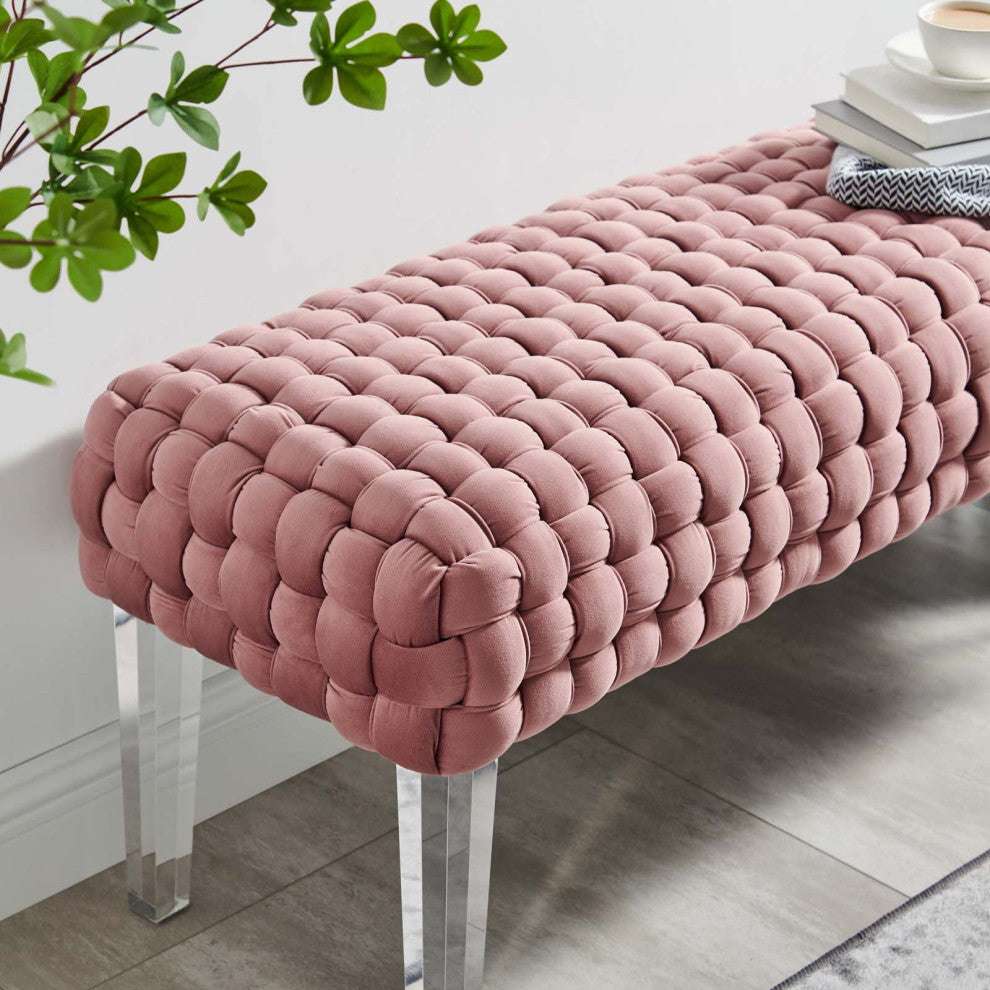 Ottoman Bench, Pink, Velvet, Modern, Mid Century Hotel Lounge Cafe