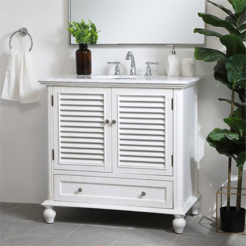 Elegant Decor Rhodes 36" Single Marble Top Bathroom Vanity in Antique White
