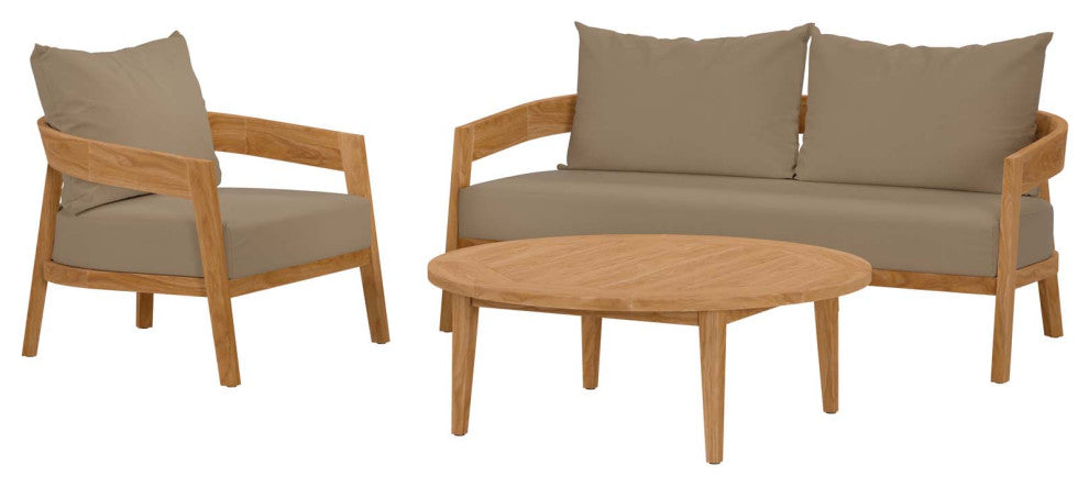 Sectional Sofa Chair Table Set, Brown Natural, Teak Wood, Modern, Outdoor Patio