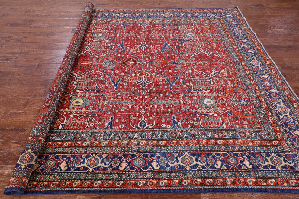 9' Square Hand Knotted Persian Fine Serapi Wool Rug - Q12436