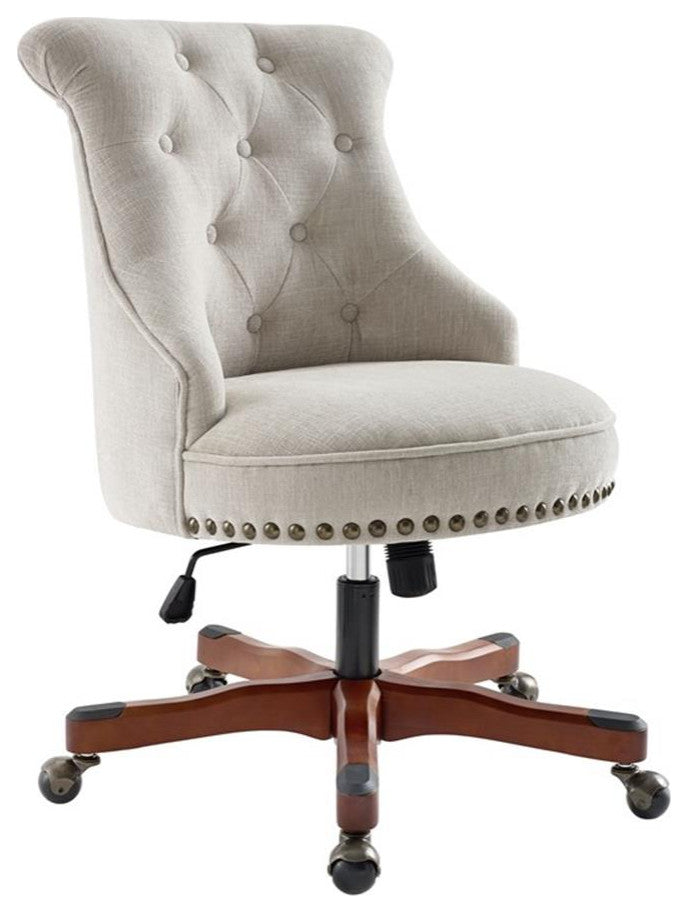 Linon Sinclair Upholstered Office Chair Wood Base with Wheels in Natural Beige