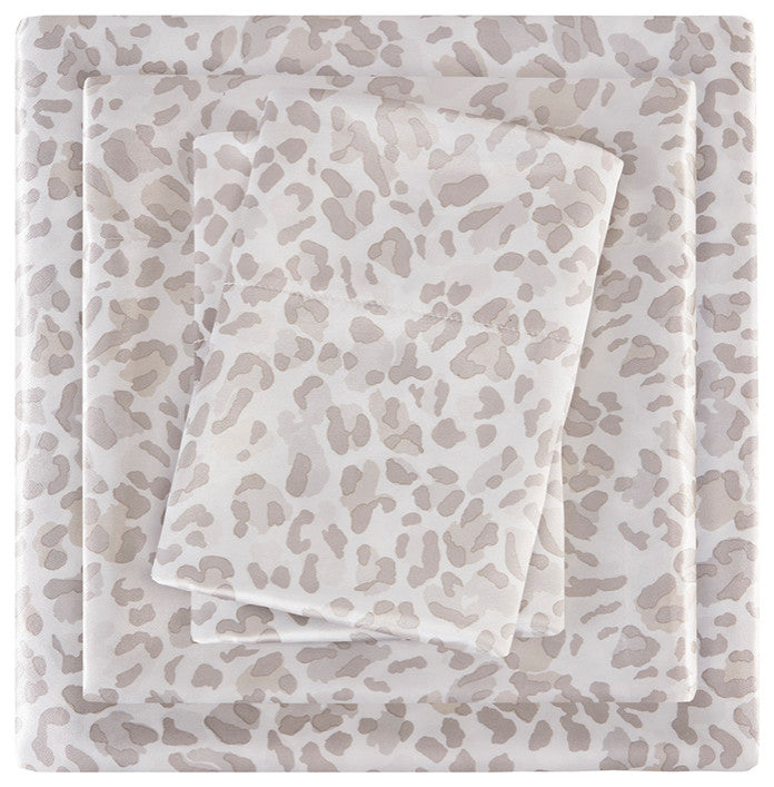 Madison Park Essentials Printed Satin Sheet Set, King Taupe Leopard