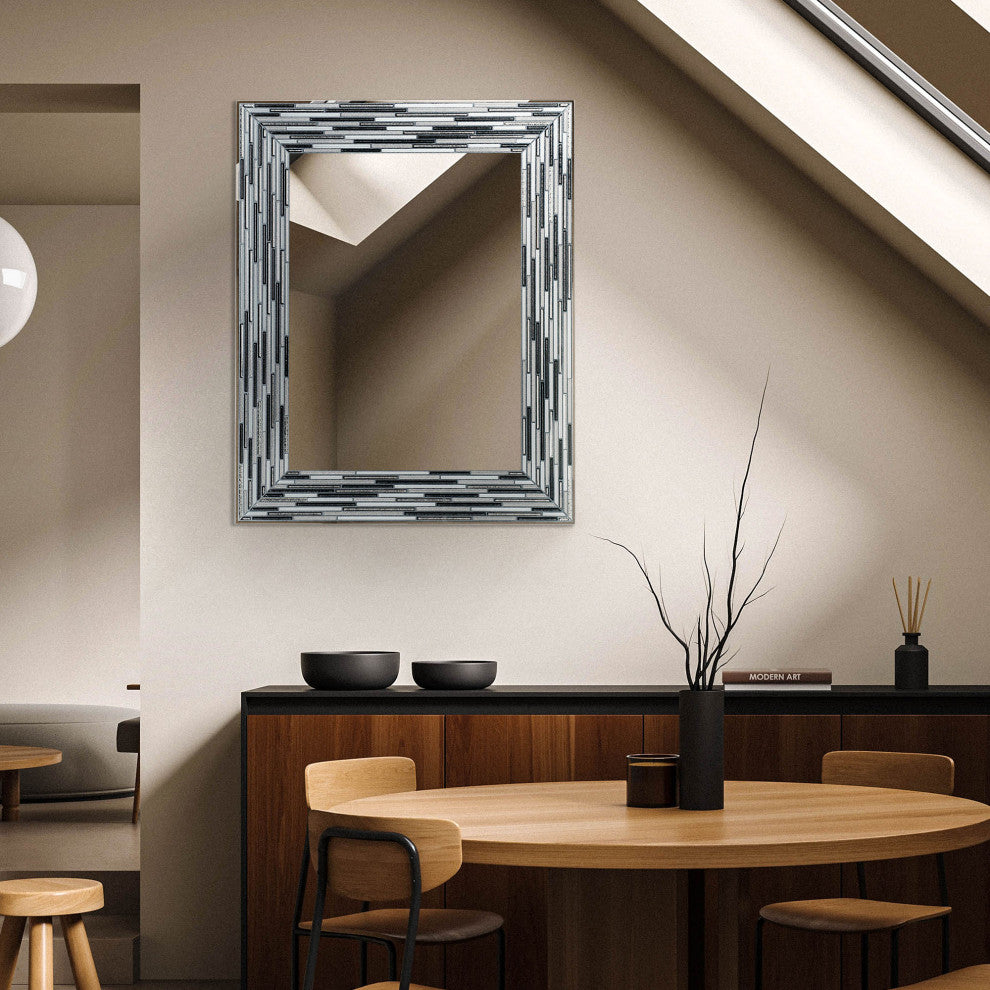 Frameless Glass Reeded Simulated Tile Printed Wall Mirror, Black