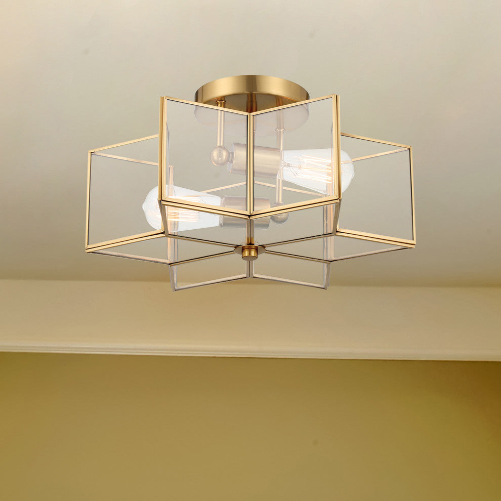 2 Light 16.14'' Unique/Statement Star Semi Flush Mount, Brass Dust