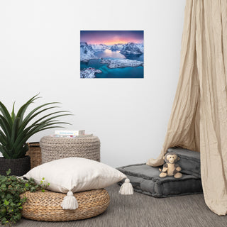 Reine at Winter Sunset Icy Mountain Landscape Photo Loose Wall Art Prints, 18" X 24"