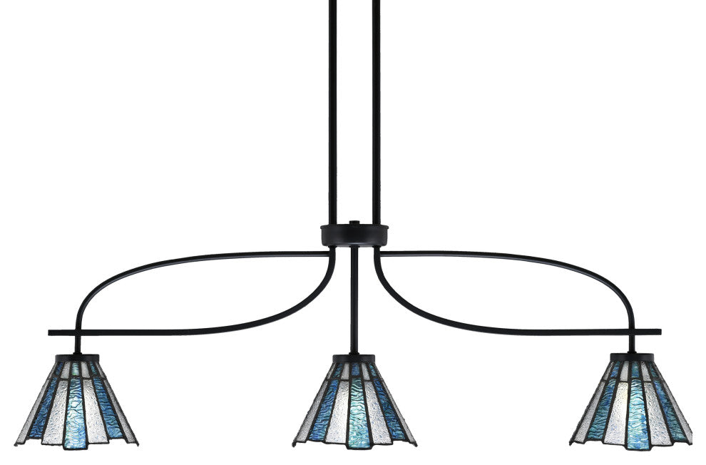 Cavella 3 Light Island Light, Matte Black Finish, 7" Sea Ice Art Glass