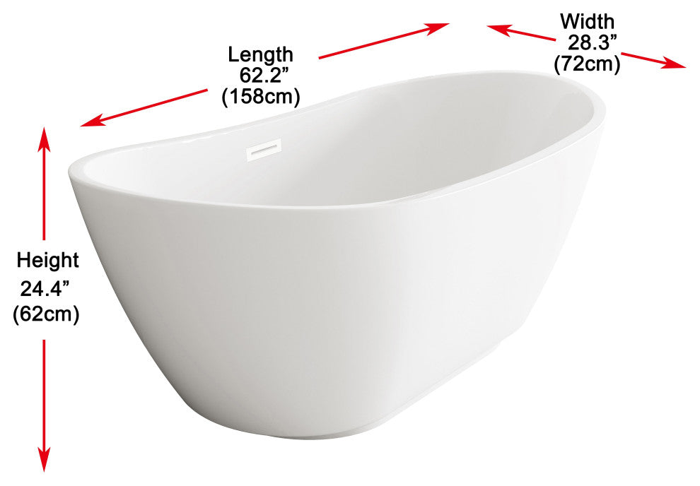 Igor 62" Soaking Bathtub, Glossy White With Polished White Trim