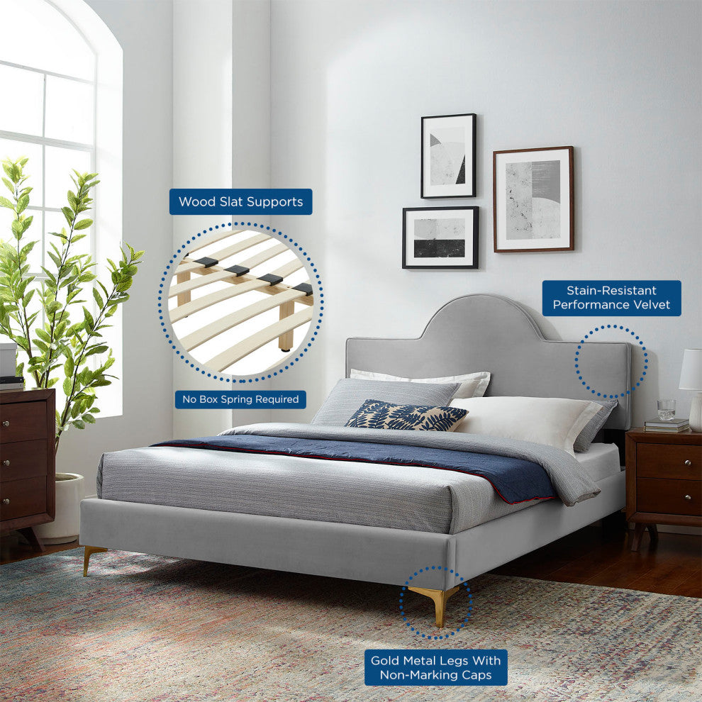 Platform Bed Frame, King Size, Gray, Velvet, Modern, Bedroom Guest Suite