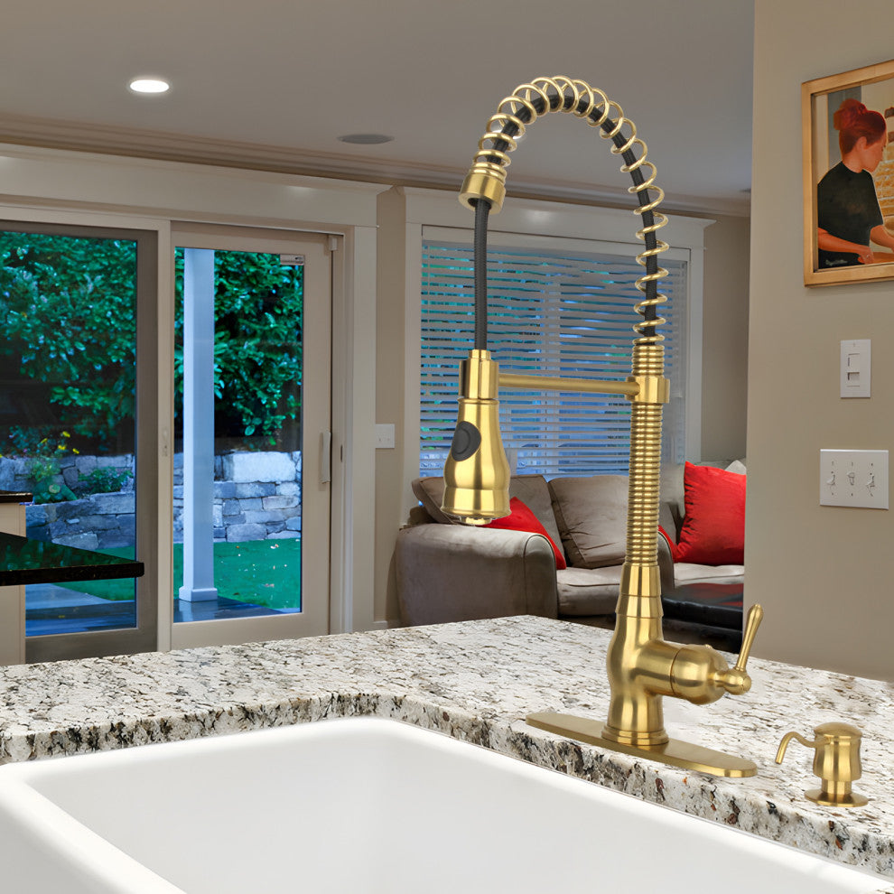 Copper Pre-Rinse Spring Kitchen Faucet with Pull Down Sprayer, Brushed Gold