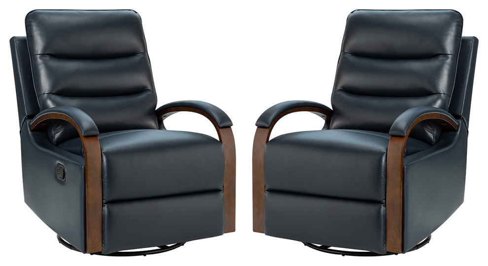 Konradin Genuine Leather Swivel Rocking Manual Recliner Set of 2, Navy
