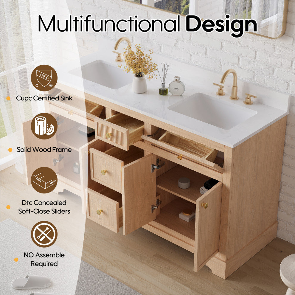 Solid Wood Bathroom Vanity with Carrara White Quartz Top, CUPC-certified Sink, 60"