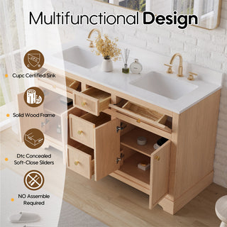 Solid Wood Bathroom Vanity with Carrara White Quartz Top, CUPC-certified Sink, 60"