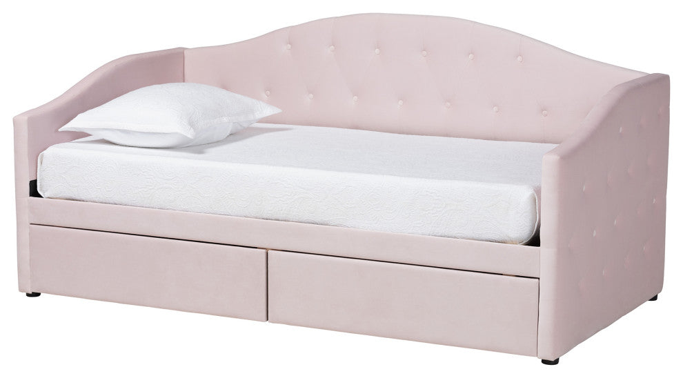 Mansi Modern Light Pink Velvet Fabric Upholstered Twin Size 2-Drawer Daybed