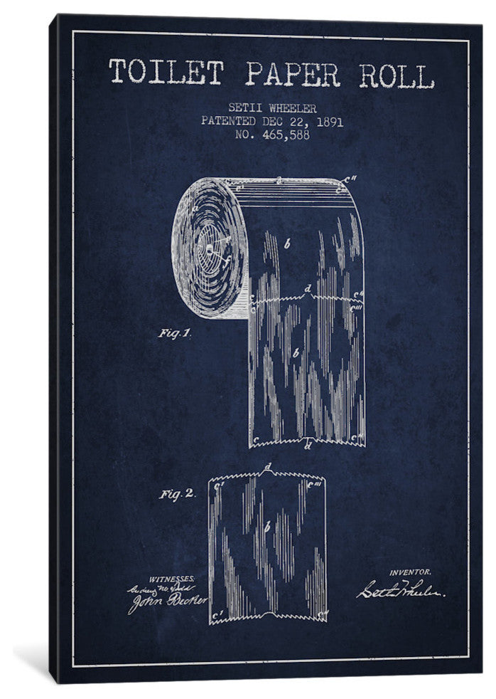 "Toilet Paper Navy Blue Patent Blueprint" by Aged Pixel, 26x18x1.5"