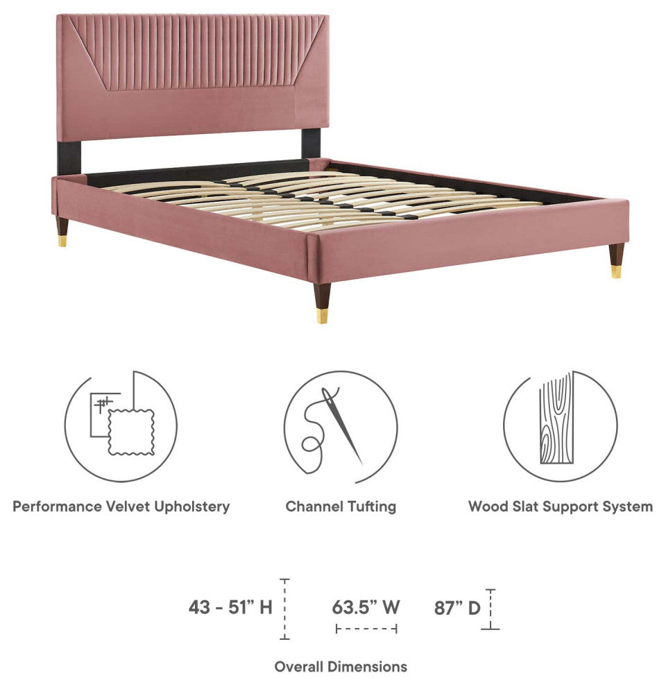 Yasmine Channel Tufted Performance Velvet King Platform Bed, Dusty Rose