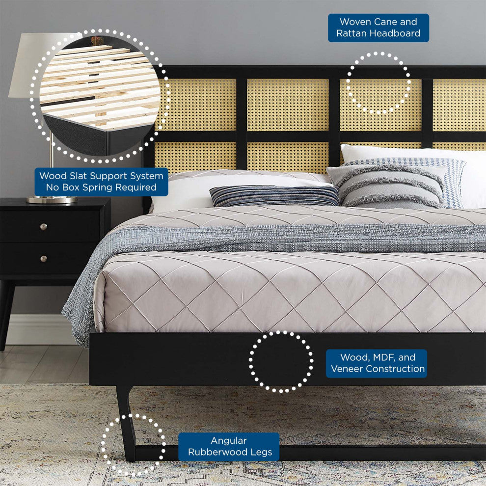 Sidney Cane and Wood Queen Platform Bed With Angular Legs Black