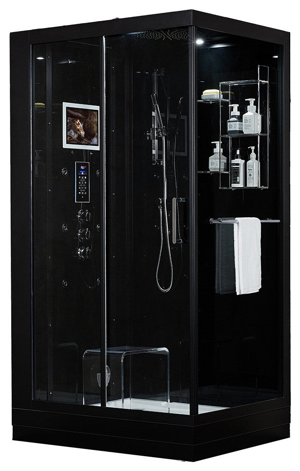 Platinum Lucca Walk-in Steam Shower Sauna Spa w/ jets Smart TV Bluet, Black, Left Position