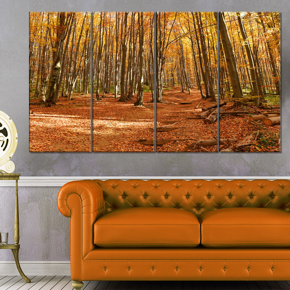 Colorful Fall Forest with Fallen Leaves, Forest Canvas Art, 48"x28", 4 Panels