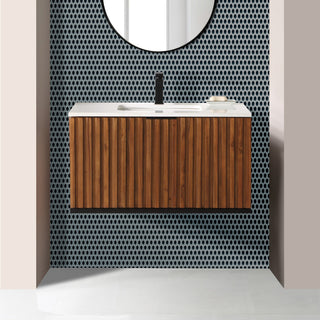Terra Bathroom Vanity, Walnut/Matte Black With White Quartz, 36", White Quartz Top