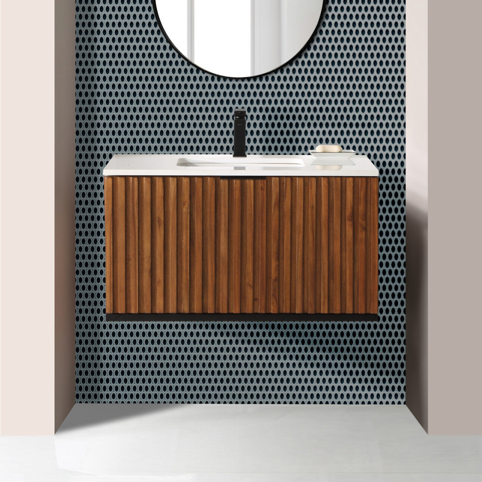 Terra Bathroom Vanity, Walnut/Matte Black With White Quartz, 36", White Quartz Top