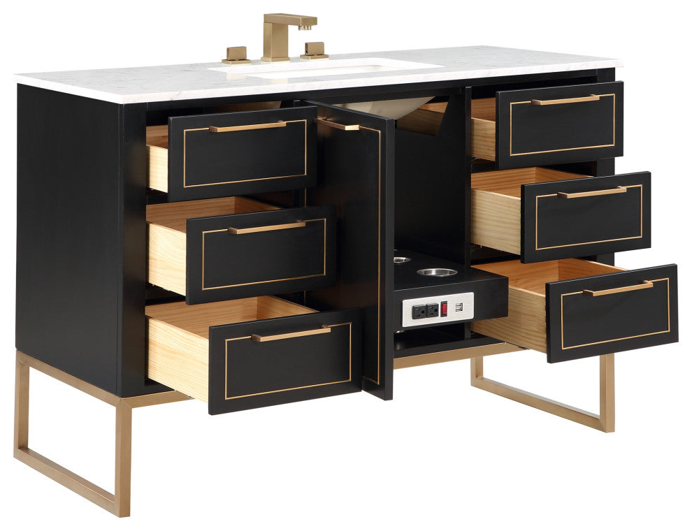 Markham 48" Bathroom Vanity, Midnight Black/Satin Brass, 48", Marble Countertop
