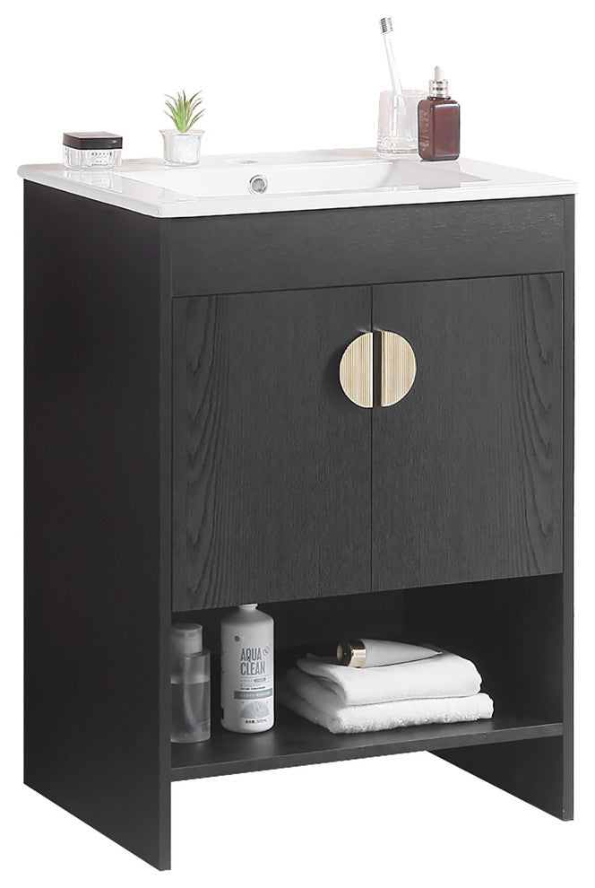 Plywood Freestanding Bath Vanity Set, Integrated Ceramic Sink, Black, 24" X 18"