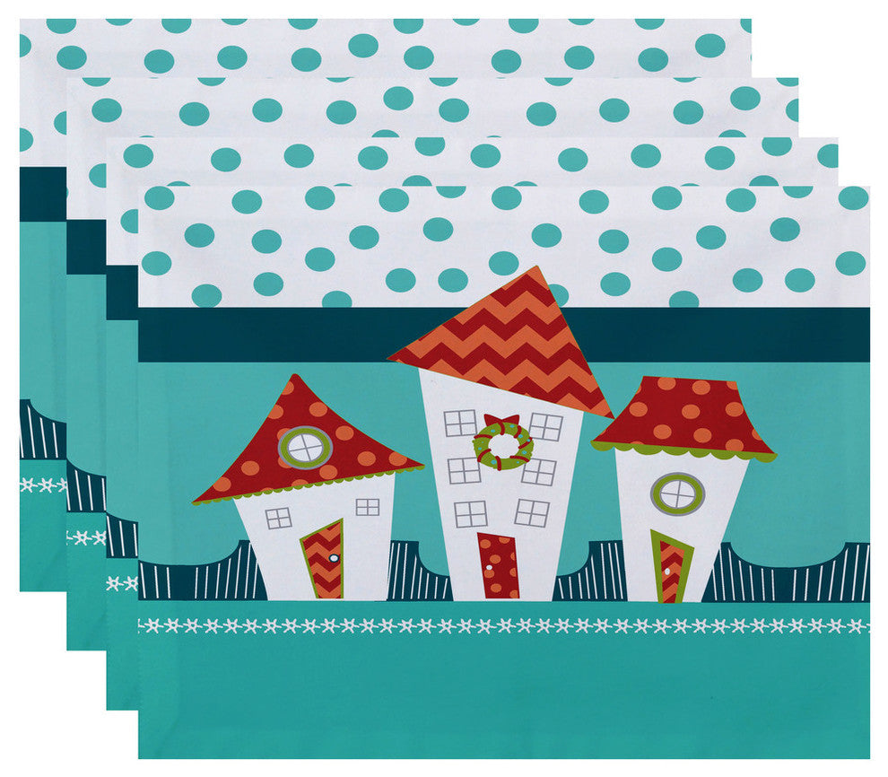 Coastal Houses Decorative Holiday Geometric Print Placemat, Set of 4, Coral