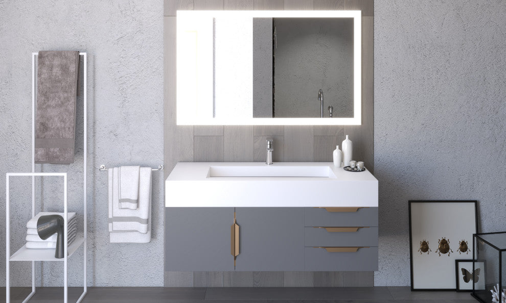 CastelloUSA Nile 48" Wall Mounted Vanity Set, Gray, White Top, Gold Handles