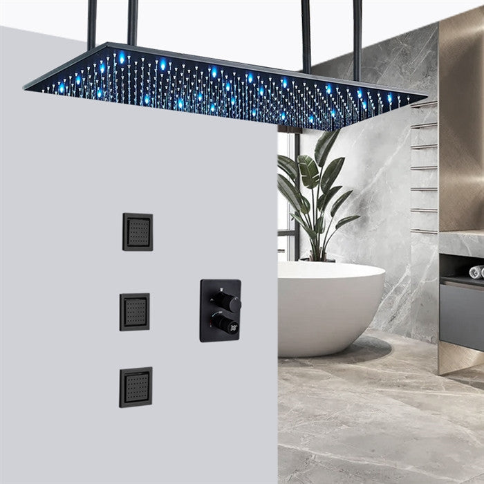 Tortona 20*40" Matte Black LED Digital Rainfall Shower System With 3 Body Jets