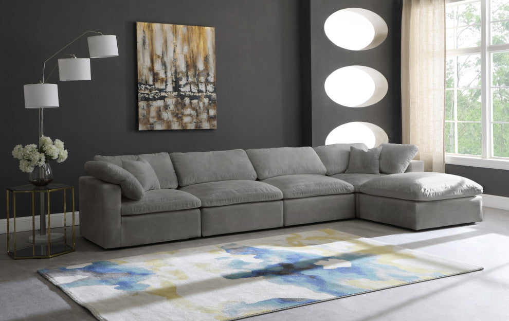 Cozy Velvet Upholstered Comfort L-Shaped Modular Sectional, Gray, 5-Piece: 2 Armless Chair, 2 Corner Chair, 1 Ottoman