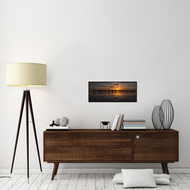 "Sunset Camel Safari" Framed Canvas Giclee by Louise Wolbers, 31x13"
