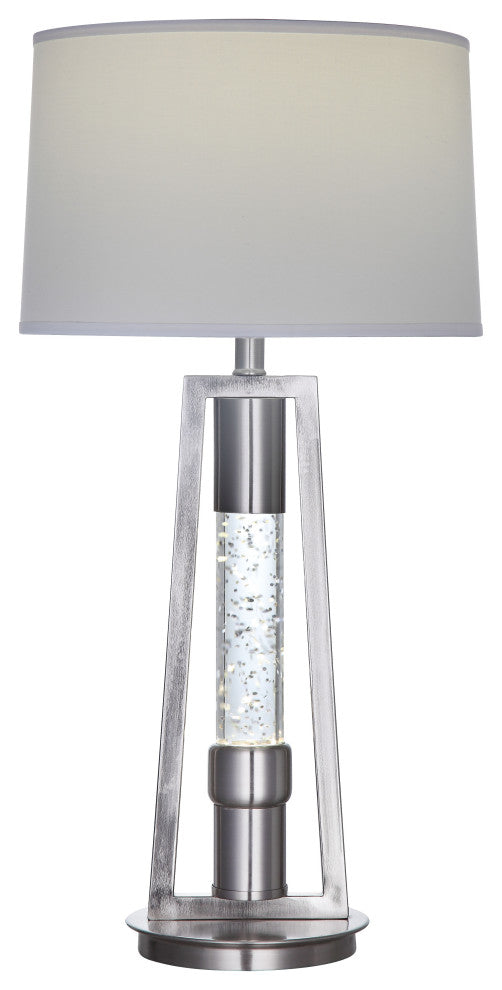 Metal Table Lamp with Fabric Drum Shade and LED Glass Cylinder, Silver and White