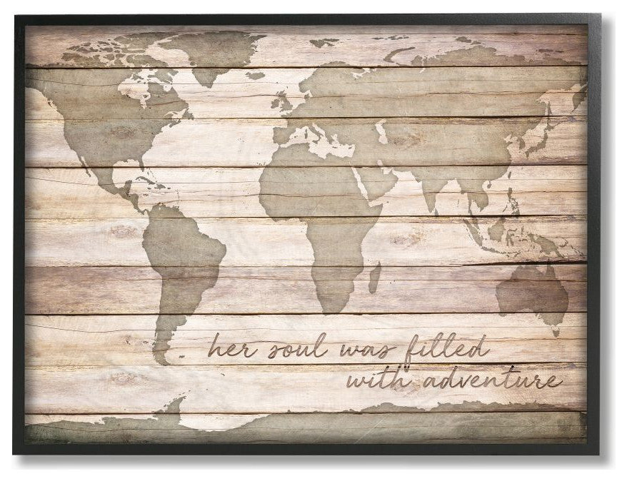 Inspirational Word World Map Wood Te"xture Design, 11"x14"